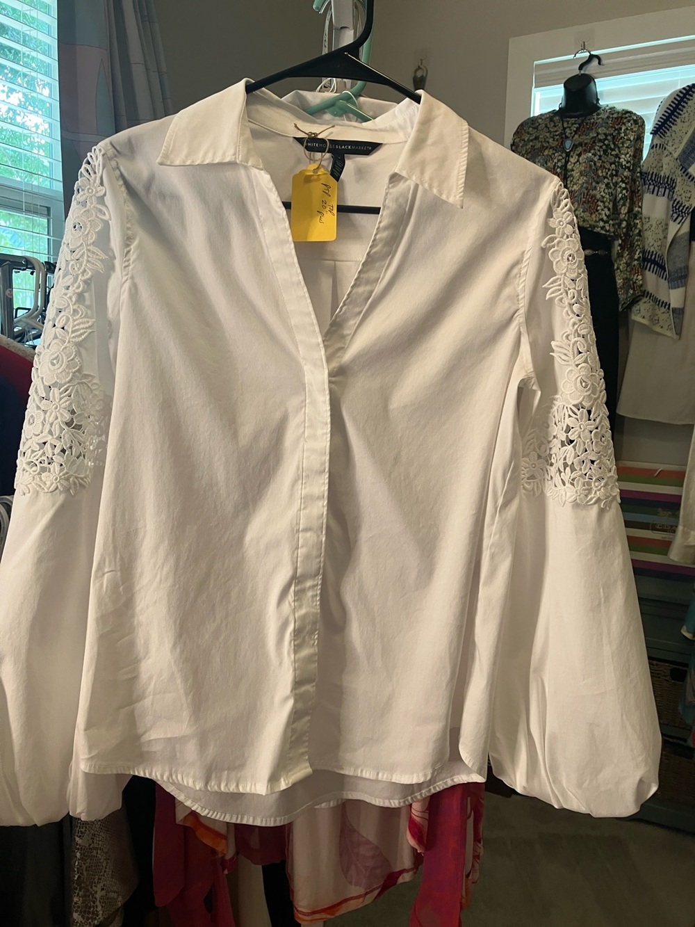 White House Black Market White Button-Front Blouse with Floral Lace Sleeves